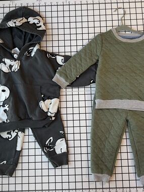 Kids Two-Piece Hoodie Set with Snoopy Print & Quilted Green Loungewear